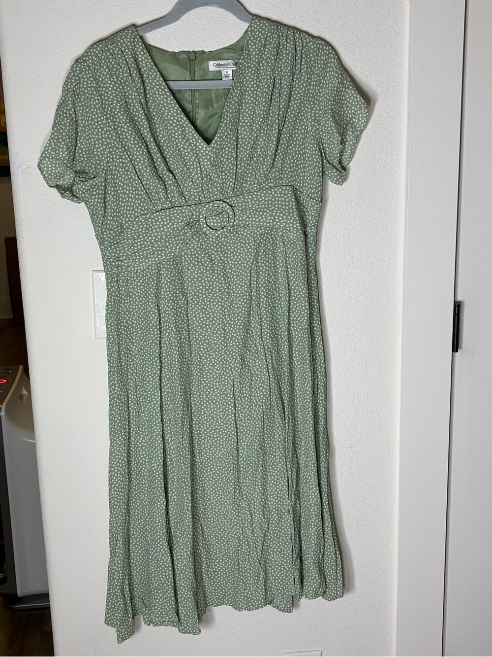 Coldwater Creek Sage Green Polka Dot Fit & Flare Midi Dress | Size 10 EUC - Picture 2 of 10